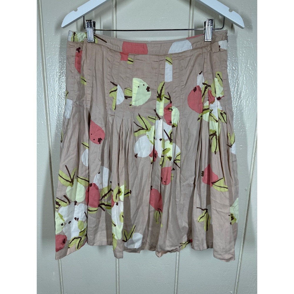 City Unltd Skirt Women 10 Tan Fruit Floral Print Pleated A-Line Knee Length